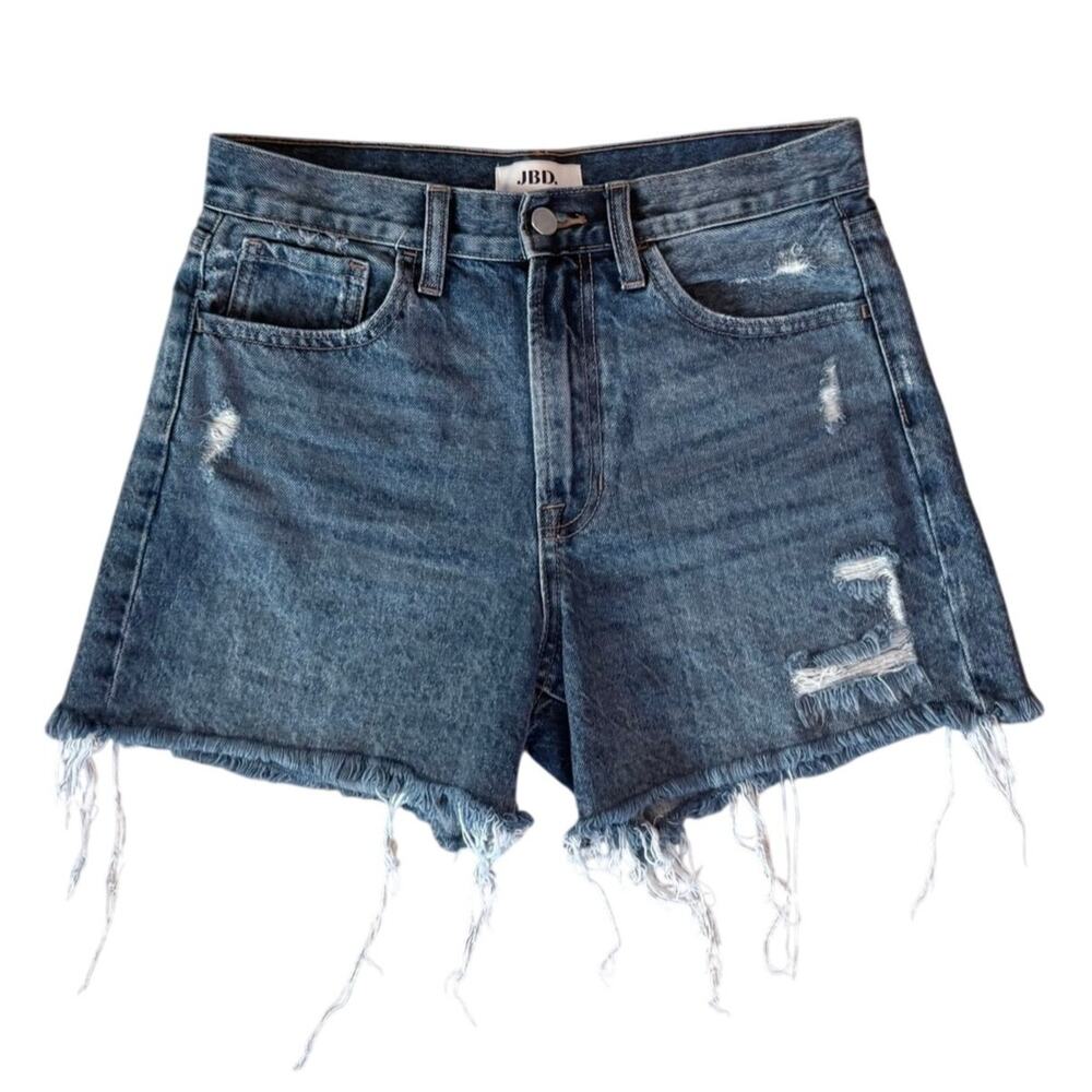 JBD Dark Wash Denim Shorts 100% Cotton High-Rise Distressed Jeans Frayed Hem